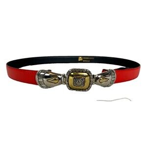 Vintage DH Bonded Leather Belt with Two-Tone Buckle Coral Red Art Deco